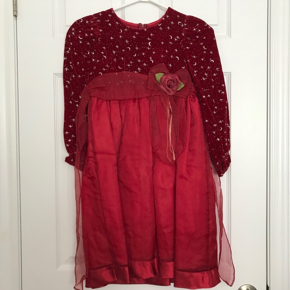Long Sleeve Dress Girls Size 10 With Rose Bow Tie Back Red Silver Starry Night - Picture 1 of 14